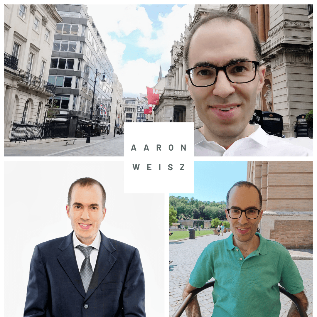 Collage of Aaron Weisz, featuring a casual outdoor selfie, a formal portrait in a suit, and a relaxed shot in a park, showcasing his versatility.