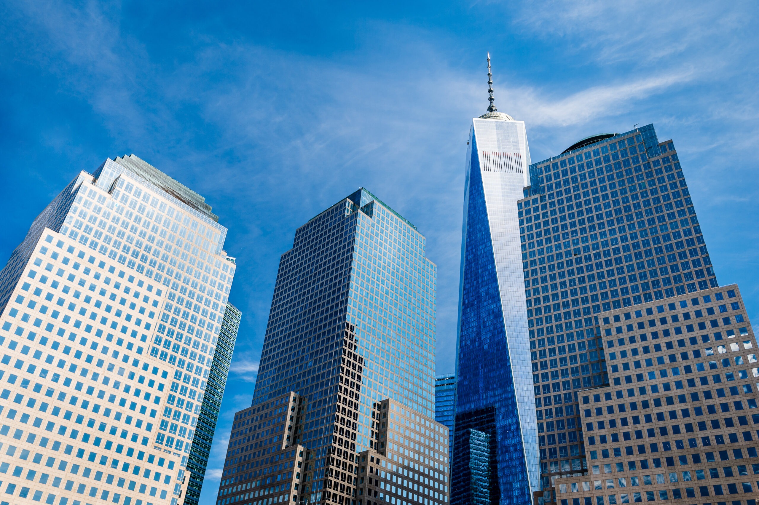 Skyscrapers rising up to sky on Lower Manhattan, including the Freedom Tower